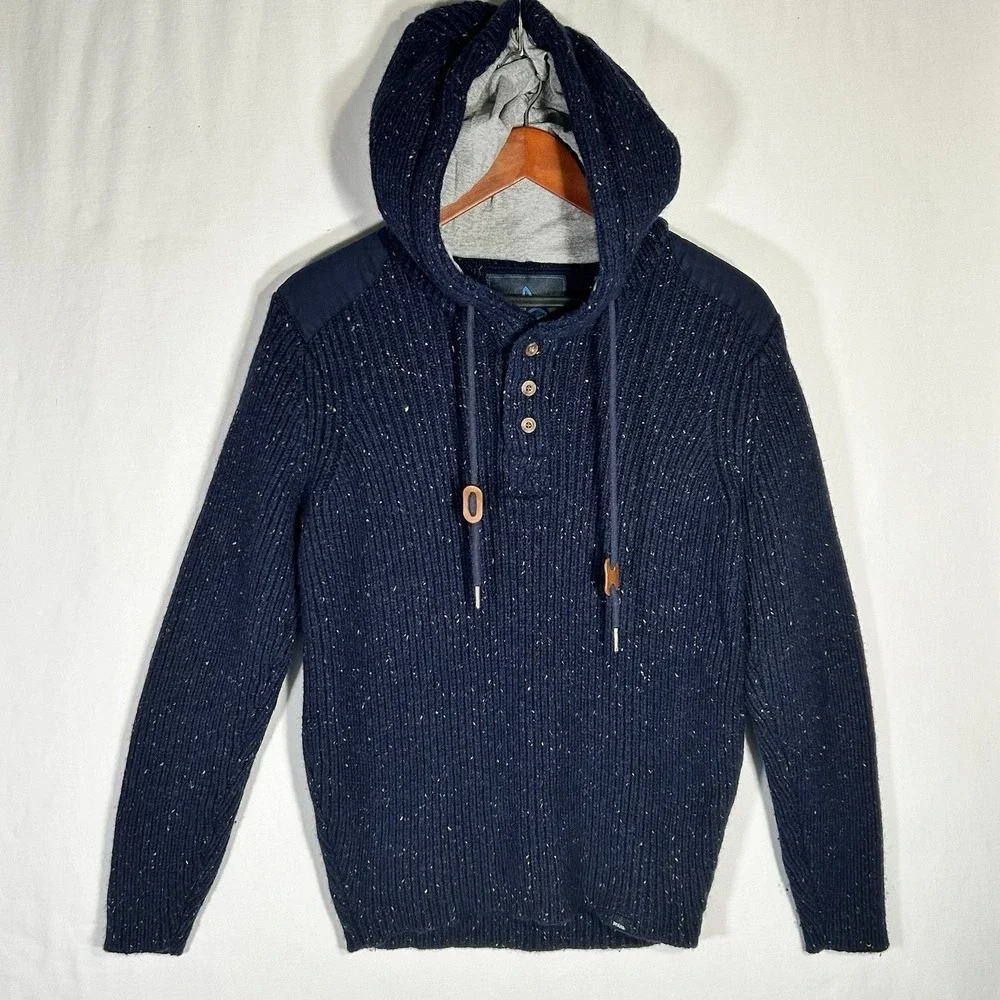 prAna Mens Hooded Henley Sweater Mmedium Lambswool Blend Blue Chunky Knit Toggle